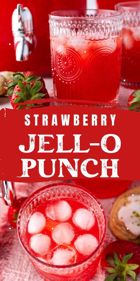 This is perfect for Memorial day, 4th of July or any summer picnic! Refreshing and festive strawbery red punch that has amazing flavor thanks to Jell-o.  This party punch will have your guests coming back for more. And it's a non-alcoholic punch recipe so  it is a family friendly drink. Drinks For Wedding Non Alcoholic, Jello Punch Recipes, Alcohol Drinks For A Crowd, 4th Of July Non Alcoholic Punch, Kool Aid Punch Recipes, Raspberry Themed Party, Summer Non Alcoholic Punch, Picnic Drinks Non Alcoholic, Red Punch Recipe Alcoholic