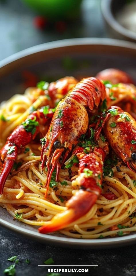 Join me for a mouthwatering experience with this lobster pasta dish! Tender spaghetti is tossed with succulent lobster meat, fresh herbs, and a hint of garlic. It’s the perfect balance of flavors, making it a fantastic meal for special occasions or a cozy dinner at home. Can't wait for you to try it! #LobsterPasta #DeliciousRecipes Lobster And Pasta, Lobster Pasta Recipe, Crawfish Pasta, Seafood Delight, Lobster Pasta, Fettuccine Pasta, Indulgent Food, Lobster Meat, Cozy Dinner