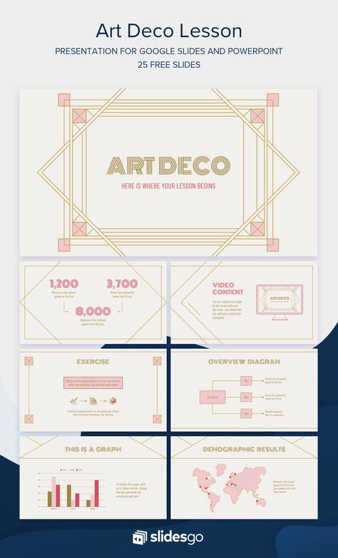 Enjoy the beauty of the Art Deco style with this elegant and geometric Google Slides theme and PowerPoint template for your presentation! #Slidesgo #FreepikCompany #freepresentation #freetemplate #presentations #themes #templates #GoogleSlides #PowerPoint #GoogleSlidesThemes #PowerPointTemplate #Deco #Lesson #Art Pretty Presentation Slides, Pretty Powerpoint Slides, Retro Powerpoint Template, Ppt Theme Free Presentation Templates, Grpahic Design, Themed Powerpoint, Presentation Slides Design, Powerpoint Slide Designs, Slides Design