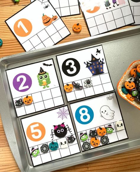 Fall Ten Frames Kindergarten, Halloween Task Boxes, Halloween Counting Preschool, Ten Frames Kindergarten, Halloween Counting, Kindergarten Homework, Ten Frame Activities, Halloween Math Activities, Halloween Kindergarten