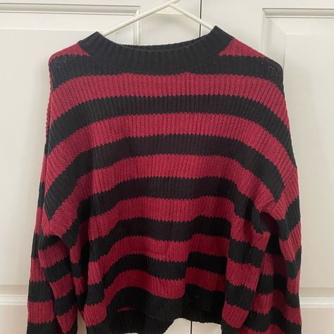 Red And Black Striped Sweater. Size S. In Great Condition. Never Worn Before. Open To Offers. Let Me Know If You Have Any Questions! Black And Red Striped Sweater, Striped Sweater Aesthetic, Red Striped Shirt Outfit, Mall Goth Shirt, Red And Black Striped Sweater, Edgy Sweater, Spn Dr, Black Crochet Sweater, Fall Thrift