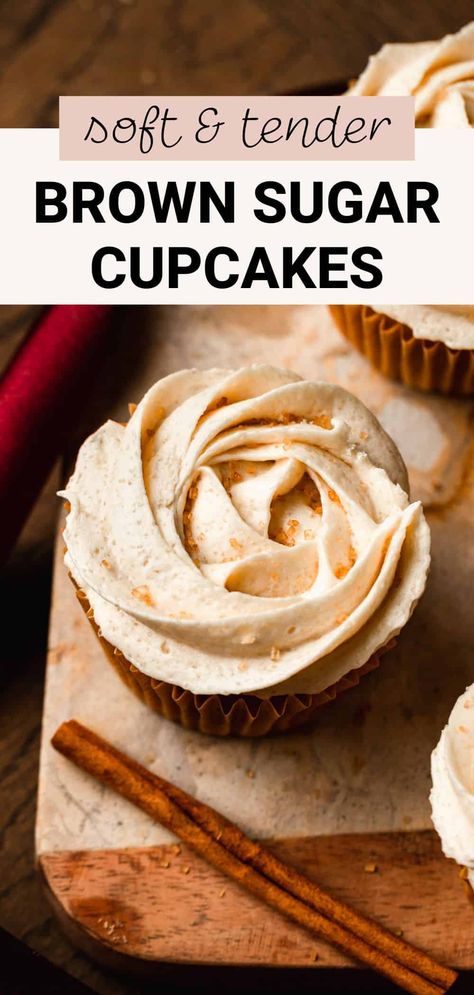 These simple brown sugar cupcakes are fluffy, moist, flavorful, and comforting. Topped with fluffy brown sugar buttercream frosting, this cupcake recipe has a rich flavor, is definitely a crowd pleaser, and is bakery worthy! Brown Sugar Recipes Easy, Brown Sugar Recipes Dessert, Brown Butter Cupcakes, Brown Sugar Cupcakes Recipe, Brown Sugar Buttercream Frosting, Brown Sugar Homemade, Brown Sugar Cupcakes, Cupcake Desserts, Brown Sugar Buttercream