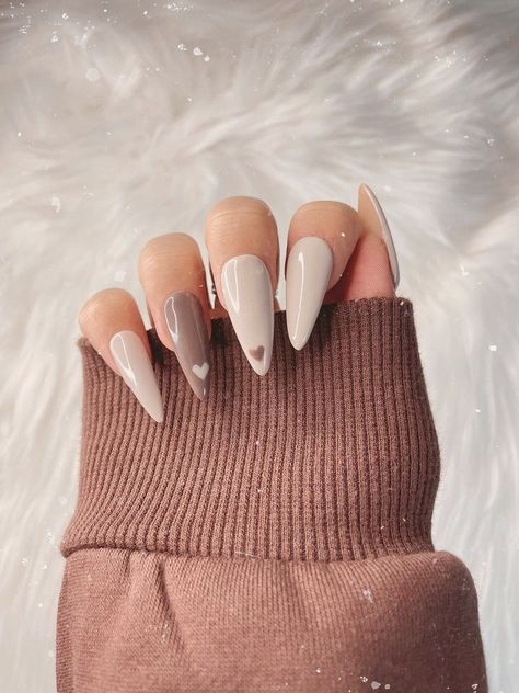 Neutral Heart Nails, Cream And Brown Nails, Cream Nails Designs, Nails Hearts, Hearts Nails, Nail Artwork, Brown Nails Design, Nails Arts, Subtle Nails