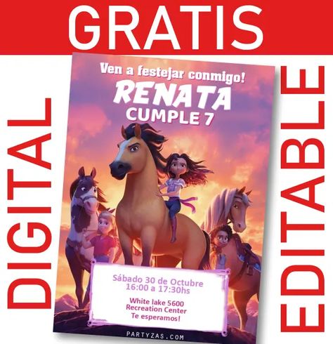 Tarjeta Invitación Digital GRATIS Cumpleaños Temático Spirit Caballos Horses Birthday, Horse Invitations, Horse Template, Horse Birthday Invitations, Ill Wait For You, Card Edit, Virtual Card, Horses Theme, Horse Birthday