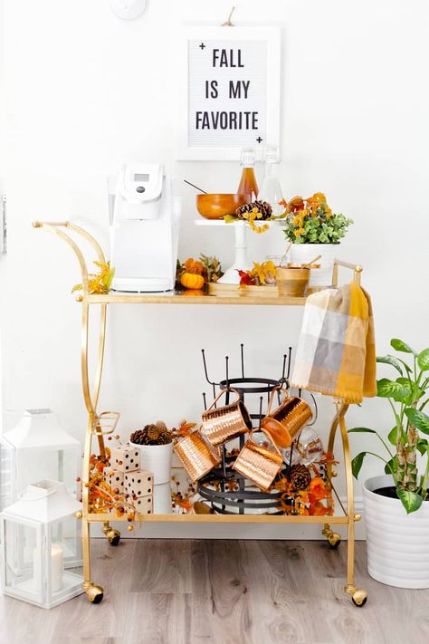 A Fall Coffee Bar Cart with Two Delicious Fall Coffee Recipes + Waffle Brunch Waffle Brunch, Fall Coffee Bar, Fall Coffee Recipes, Coffee Bar Cart, Fall Patio, Wine Cart, Diy Bar Cart, Cart Ideas, Gold Bar Cart