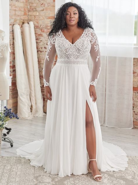 Lorraine Dawn Lynette Long Sleeve Wedding Dress | Rebecca Ingram Bridal Closet, Rebecca Ingram, Plus Size Wedding Dresses, Plus Size Wedding Gowns, Ivory Gown, Chiffon Wedding Dress, Beaded Chiffon, Sleeve Wedding Dress, Long Sleeve Wedding