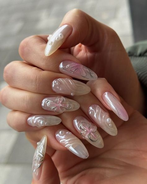 Fairy Inspired Nails, Cute Korean Nails, Fairy Nail Art, Korean Nails, Inspired Nails, Cute Acrylic Nail Designs, Really Cute Nails, Pretty Gel Nails, Acrylic Nails Coffin Pink