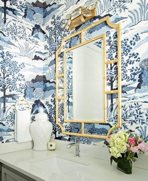 Thibaut on Instagram: "Up close with our Daintree wallpaper in blue on white! 😍 Interior Design by: @mldesignskc. 📷: @lauriekilgorephotography" Blue And White Chinoiserie Wallpaper, Chinoiserie Wallpaper Bathroom, Thibaut Wallpaper Bathroom, Chinoiserie Bathroom, Wallpaper Powder Room, Pretty Tiles, Blue And White Wallpaper, Powder Room Wallpaper, Thibaut Wallpaper