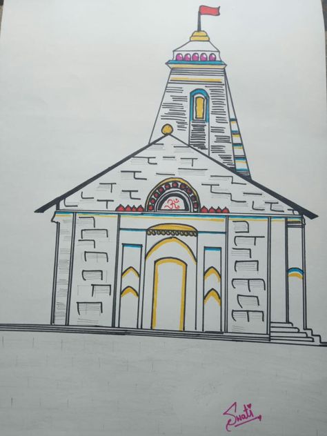 Kedarnath Drawing Easy, Kedarnath Rangoli Design, Kedarnath Temple Rangoli, Kedarnath Temple Drawing Easy, Temple Sketches Indian Easy, Kedarnath Drawing Simple, Temple Doodle, Kedarnath Temple Sketch, Kedarnath Temple Drawing