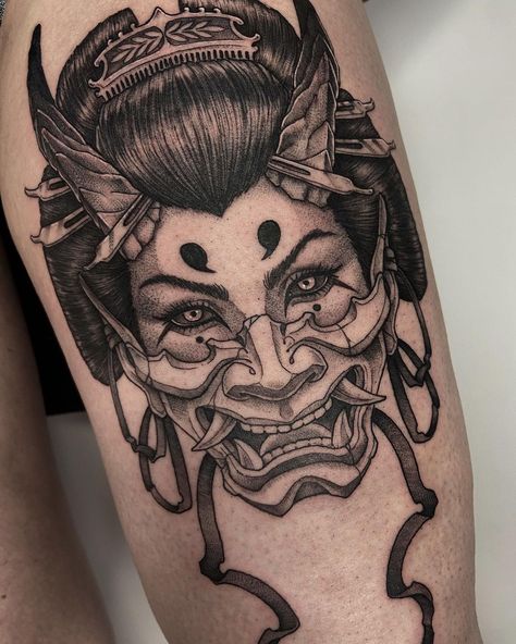 Henya Masks Tattoo, Japanese Tattoo Art Oni, Kabuki Mask Tattoo, Hannya Maske Tattoo, Mask Tattoos, Hannya Maske, Oni Mask Tattoo, Hannya Mask Tattoo, Skull Girl Tattoo