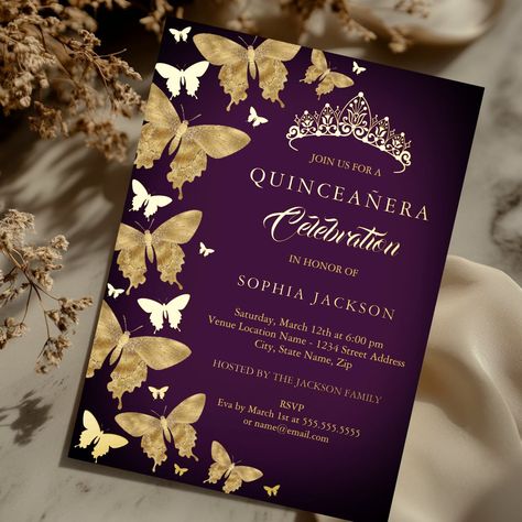 More pretty Gold And Purple Quinceanera 15th Birthday Invitations in the Little Bayleigh Store! Dark Purple Quince Invitations, Purple And Gold Quince, Dark Purple Quinceanera, Dark Purple Quinceanera Theme, 15th Birthday Invitations, Gold Quinceanera Theme, Purple Quinceanera Theme, Purple Quinceanera, Sweet 15 Party Ideas Quinceanera