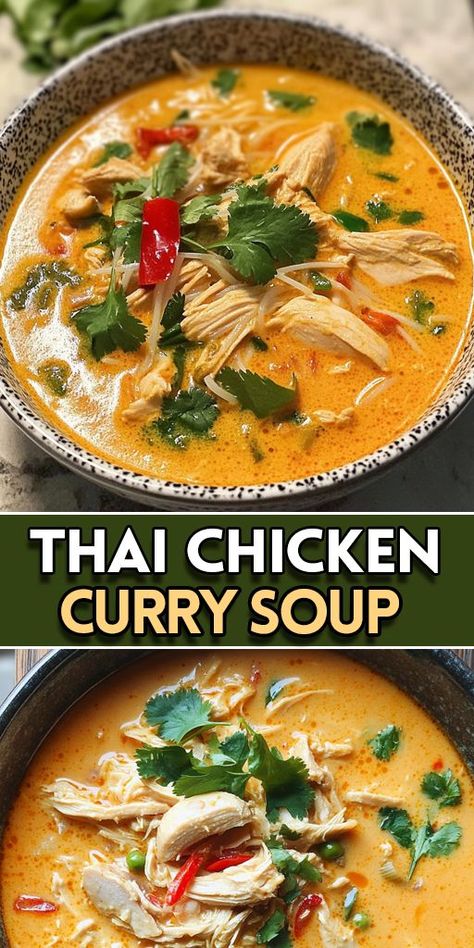 This Thai Chicken Curry Soup is the perfect blend of creamy coconut milk, tender chicken, aromatic spices, and fresh vegetables! 🥥🍗🌶️ 🌟 Ready in just 30 minutes – this dish is ideal for busy weeknights or when you want to impress your guests with a delicious homemade Thai-inspired soup!🌱 👉 Try this Easy Thai Chicken Curry Soup today and experience the perfect balance of spicy, savory, and creamy goodness! #ThaiChickenCurry #SoupRecipe #HealthyDinner #QuickRecipes #GlutenFree Thai Chicken Curry Soup, Coconut Curry Chicken Soup, Thai Soups, Easy Thai Chicken, Thai Soup Recipes, Chicken Coconut Soup, Curry Soup Recipes, Chicken Curry Soup, Thai Chicken Soup