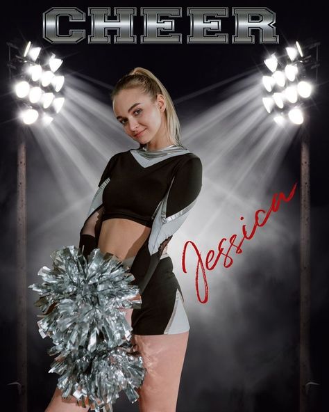 Backdrop Cute Cheerleader Poses, Cheer Leading Photoshoot, Cheer Banner Pictures, Senior Cheerleading Pictures, Individual Cheer Picture Poses, Cheerleading Portraits, Cheerleader Photoshoot Ideas, Cute Cheer Poses, Cheer Picture Ideas