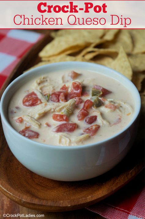 Crock-Pot Chicken Queso Dip - With only 3 ingredients, this super easy Crock-Pot Chicken Queso Dip is super easy to make and will be a huge hit at your next game day party! [Gluten Free, Keto, Low Calorie, Low Carb, Low Fat, Low Sugar & 5 Weight Watchers SmartPoints (Blue or Purple Plans) Or 6 SmartPoints (Green Plan)] #CrockPotLadies #CrockPot #SlowCooker #Dips #KetoRecipes #GameDay #Tailgating #WeightWatchers #5IngredientsOrLess #EasyRecipes Chicken Queso Dip, Chicken Queso, Queso Dip Recipe, Low Calorie Low Carb, Low Carb Low Fat, Recipes Using Bananas, Queso Dip Recipes, Game Day Party, Raw Chicken Breast