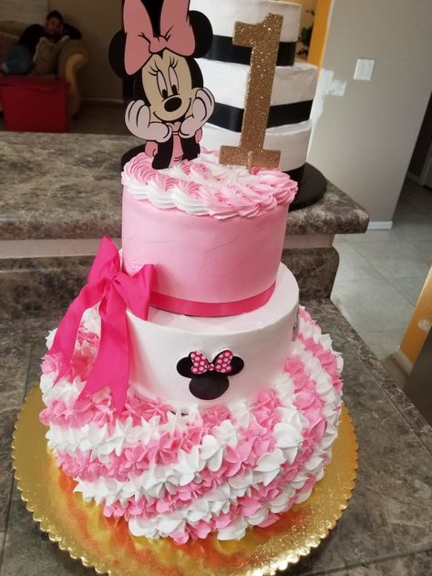 Minnie mouse birthday cake Minnie Mouse 2 Tier Birthday Cake, Minnie Mouse Birthday Cakes 1st, Mini Mouse Birthday Cakes Ideas, Minnie Mouse Cake Ideas, Minnie Mouse Cakes, Minnie Mouse Birthday Cake, Minnie Mouse Cake Design, Kids Birthday Food, Minnie Mouse First Birthday