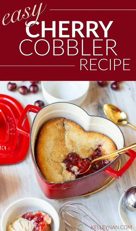 How to make this easy (5 Ingredient!) Cherry Cobbler Recipe for Valentine's Day dessert. Cherry Cobbler in a heart-shaped red dutch oven with golden utensils for Valentine's Day! Read about this easy cherry dessert for Valentine's Day on my blog. #valentinesday #valentinesdaydessert #cherrycobbler #cobblerrecipe #cherrydessert Dutch Oven Cherry Cobbler, Kelly Nan, Golden Utensils, Easy Cherry Cobbler, Cherry Cobbler Recipe, Pinterest Food, Canned Cherries, Cherry Filling, Lucky Leaf