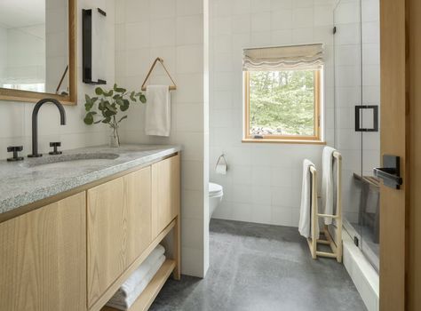 Photo 15 of 21 in This Loon Lake Getaway Is a Wabi-Sabi Twist on the Traditional Cabin from Whitten Architects Loon Lake - Dwell Bath Photos, Japanese Scandinavian, Contemporary Cabin, Creative Tile, Primary Bath, Towel Holders, Modern Bathrooms, Bathroom Top, Basement Bathroom