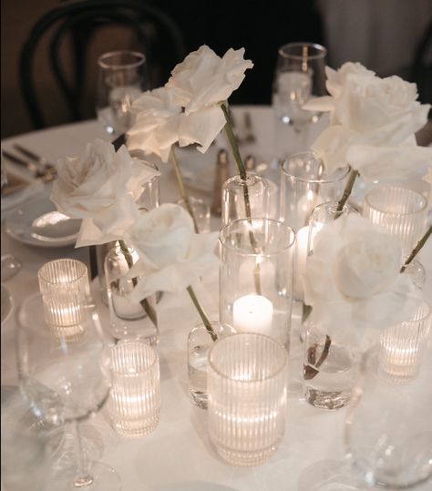 Single Rose And Candle Centerpiece, White Roses Bud Vases, Rose Bud Vase Centerpiece, Single Flower Wedding Centerpieces, Bud Vases And Candles Centerpiece Round Table, Bud Vase Round Table, Round Table Bud Vase Centerpiece, Bud Vases And Candles Centerpiece, Floral Candle Centerpieces