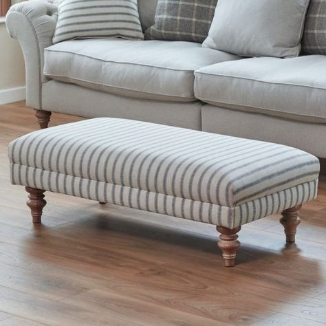 Farmhouse Ottoman, Large Footstools, Striped Sofa, Upholstered Footstool, Living Room Upholstery, Cosy Home, Ottoman Sofa, Blue Sofa, Formal Living Rooms