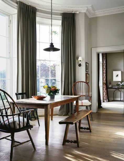 Georgian house in the Cotswolds decorated by Joanna Plant | House & Garden Joanna Plant, Baby Curtains, Georgian Windows, Cotswold House, Georgian Interiors, Georgian House, Green Curtains, Windsor Chair, Georgian Homes