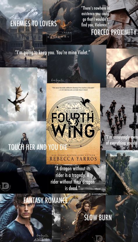 Collage image showing aesthetic of book fourth wing. Art work of book showing MMC and FMC as well as their dragons shown. Fourth Wing No Spoilers, Books Similar To Fourth Wing, Fourth Wing Spicy Chapters, Iron Flame Fourth Wing, Wing Aesthetic, Enemies To Lovers Books, The Fourth Wing, 4th Wing, Fantasy Fiction Books