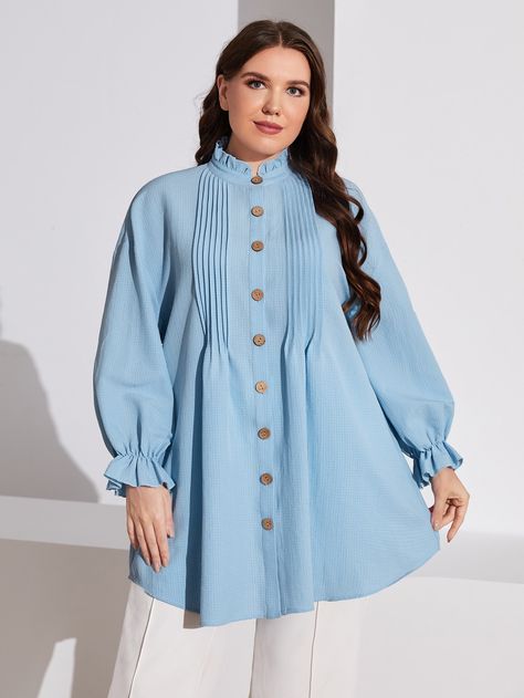 Baby Blue Casual Collar Long Sleeve Fabric Plain Tunic Embellished Non-Stretch Spring/Fall Women Plus Clothing Western Tops For Women Classy, Tunics For Women Classy, Long Tops Designs, Long Tunics For Women, Tunic Tops Outfit, Western Tops For Women, Top Designs For Women, Eid Outfit Ideas, Plain Tunic