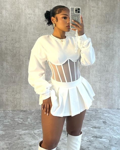 The outfit 🤍 “Be Your Self Corset Sweatshirt Top” “Sold Me Out Pleated Mini Skirt” Mini Pleated Skirt Outfit, White Pleated Skirt Outfit, Corset Sweatshirt, Crew Neck Outfit, Be Your Self, Graphic Jackets, Pleated Skirt Outfit, Mini Pleated Skirt, Corset Boning