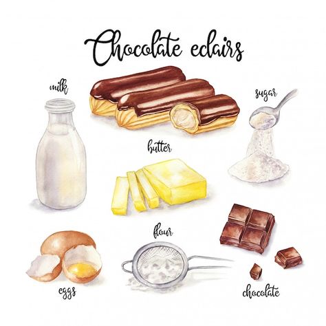 Eclairs Recipe, Chocolate Eclairs, Homemade Recipe Books, Watercolor Food Illustration, Eclair Recipe, Recipe Book Diy, Homemade Cookbook, Recipe Drawing, Food Infographic