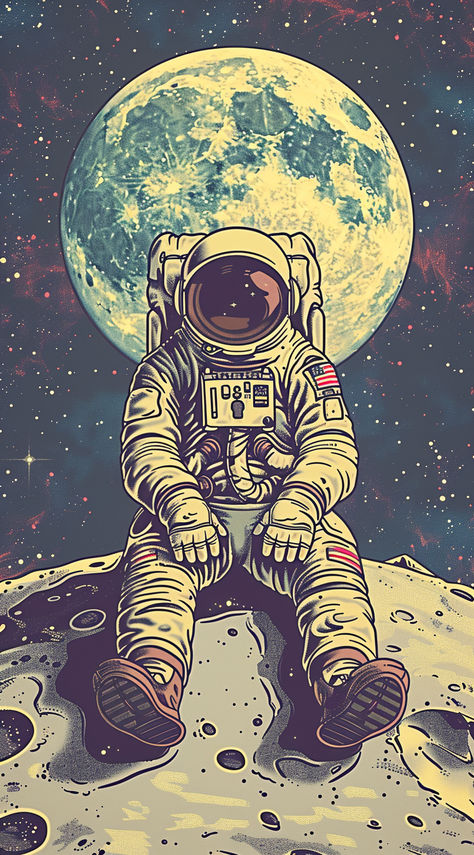 The full-body portrait captures the dreamlike atmosphere of a lone explorer in the vastness of space, blending retro aesthetics with cosmic wonder. #VintageArt #AstronautIllustration #SpaceArt #HandDrawn #ArtNouveau #RetroPoster #CosmicJourney #RobertCrumbStyle #AlexRossInspired #MoonlitAdventure #ClassicIllustration #SpaceExplorer Astronaut Poses Reference, Astronaut Illustration, Body Portrait, Abstract Posters, Portrait Artwork, Astronaut Art, Space Wallpaper, Swag Cartoon, Space Images