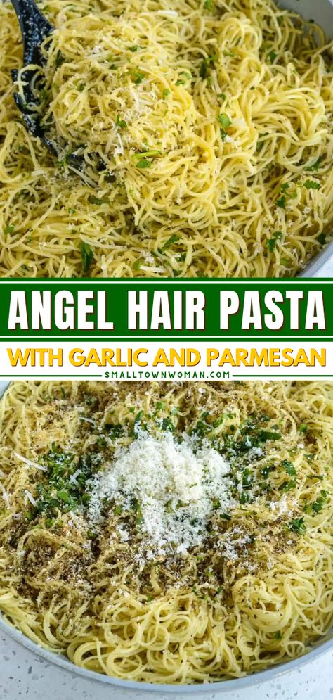 Say hello to your new favorite pasta dish! It's a quick and easy side dish recipe that's ready in just 15 minutes. Cooked in garlic, herbs, and parmesan, this angel hair pasta is full of flavor! Pesto Angel Hair Pasta, Angel Hair Side Dish, Angel Hair Pasta Salad Cold, Angle Hair Pasta Recipe, Angel Hair Pasta Recipes Easy, Angelhair Pasta Recipes, Angle Hair Pasta Recipes, Garlic Herb Pasta, Garlic Angel Hair Pasta