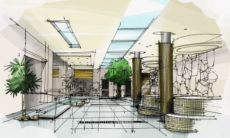 Lobby Perspective, Water Sketch, Marker Rendering, Office Reception Design, Perspective Drawing Architecture, Interior Design Renderings, Office Lobby, Interior Design Sketches, Architecture Model Making