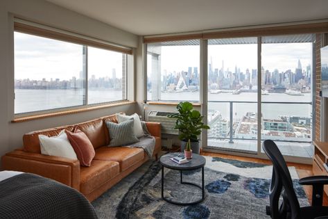 River View Apartment, Waterfront Apartments, Apartment View, Cheap Apartment, River View, Manhattan Bridge, Ikea Sofa, Huge Windows, Manhattan Skyline