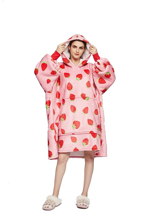 Strawberry Blanket Hoodie, Strawberry Blanket, Blanket With Sleeves, Thick Blanket, Oversized Blanket, Blanket Hoodie, Pink Strawberry, Hoodie Blanket, Strawberry Print