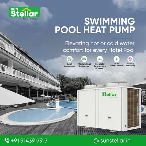 Enhancing Hotel Pool Comfort: Elevate Your Water Experience with Our Swimming Pool Heat Pump - Perfect Hot and Cold Water Relaxation. 1. Scroll compressor 2. Titanium Heat exchange 3. Hot water Temperature 4. Touch screen controller Heating and cooling Get it installed today! Visit the link in bio to know more or call 91439 17917 Scroll Compressor, Pool Heat Pump, Heat Pump Water Heater, Hotel Pool, Heated Pool, Heat Pump, Water Temperature, Water Heater, Heating And Cooling