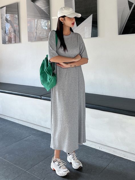 Grey Casual Collar Half Sleeve Knitted Fabric Plain Tee Embellished Medium Stretch  Women Clothing Tshirt Maxi Dress Outfit Fall, Long Tshirt Dress Outfit, Grey Dress Outfit Casual, Tee Shirt Dress Outfit, White Maxi Dress Outfit, Grey Dress Outfit, Modest Streetwear, Maxi Tee Dress, Maxi Dress Outfit Fall