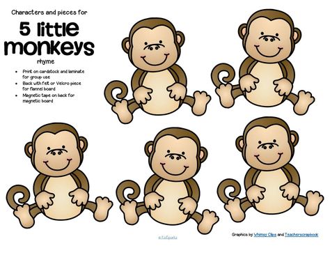 ***FREE*** Characters and pieces for 5 Little Monkeys Jumping on a Bed rhyme in color and b/w. Use for group teaching and individual activity. 4 pages Counting Rhymes, 5 Little Monkeys, Monkey Coloring Pages, Jumping On The Bed, Monkey Jump, Preschool Circle Time, Five Little Monkeys, Theme Activities, Free Characters