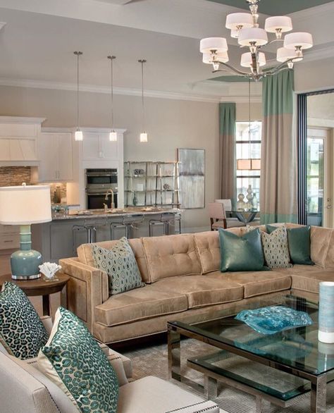 Beautiful living room decor. Tan and Aqua color living room. Aqua Living Room Decor, Aqua Living Room, Tan Living Room, Turquoise Living Room Decor, Living Room Turquoise, Teal Living Rooms, Coastal Decorating Living Room, Beach Living Room, Elegant Living Room Decor