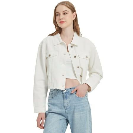 You can't go wrong with a classic oversized washed denim jean jacket paired with your favorite looks! Featuring a distressed cropped hem, pointed collar, buttoned cheat pockets, slant pockets and button cuff long sleeves made in comfortable and lightweight fabric. Size: XL.  Color: Off-White.  Gender: female.  Age Group: adult. Denim Cropped Jacket, White Denim Jacket, Classic Casual, Washed Denim, Denim Jean Jacket, Cropped Jacket, Denim Jean, Crop Jacket, Denim Wash