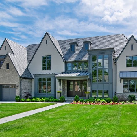 Transitional Exterior Home Design, Modern Transitional Exterior, Transitional Exterior Home, Transitional Modern Home, French Country Exterior, Contemporary French, Transitional Exterior, Home Styles Exterior, Exterior Home Design