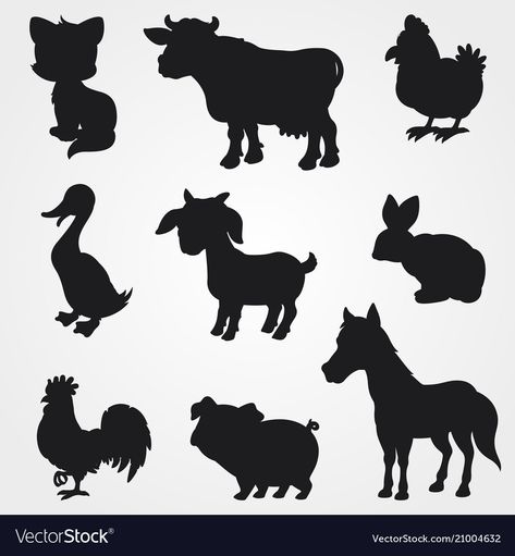 Farm animals silhouettes collection Royalty Free Vector Farm Animals Decor, Farm Animal Crafts, Baby Farm Animals, Fence Art, Animal Illustrations, Barnyard Animals, Animal Silhouette, Vintage Farm, Animal Clipart