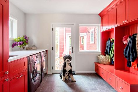 Laundry Room Island, Transitional Laundry Room, Mudroom Cabinets, White Laundry Rooms, Red Cabinets, Vintage Laundry Room, Black Floor Tiles, Custom Bathroom Vanity, Laundry Design