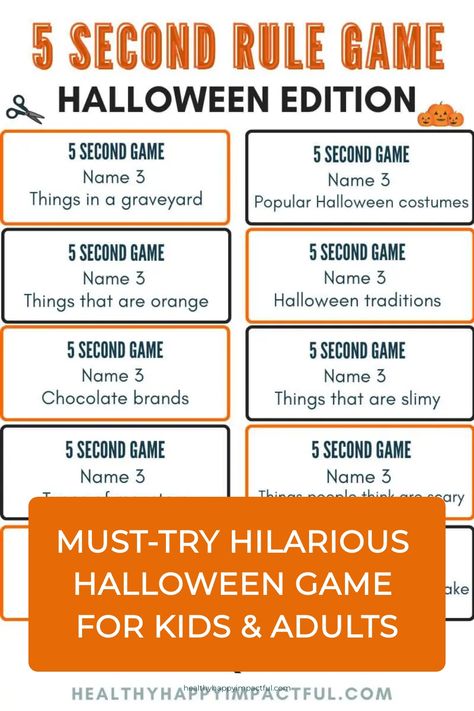 5 Second Rule Halloween game prompts and an orange banner saying "Must-Try Hilarious Halloween Game for Kids & Adults". Halloween Group Activities For Adults, Name 3 Things Game Questions, Halloween Ice Breakers For Adults, Name 3 Things Game, 5 Second Rule Game Questions, 5 Second Rule Game, Funny Prompts, Best Halloween Games, Halloween Games For Adults