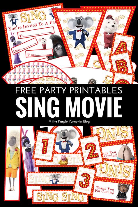 Movie Night Banner Free Printable, Sing Party Ideas, Sing Movie Party Ideas, Sing Themed Birthday Party, Sing Movie Characters, Sing Party, Movie Party Invitations, Movie Theme Birthday Party, Treat Cones