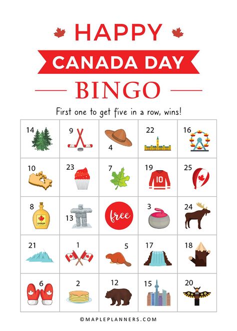 Celebrate Canada Day with friends and family while playing Canada Day Bingo. Simply download, print and play. #canadaday #bingogame #freeprintable Canada For Kids, Canadian Symbols, Canada Party, Canada Day Crafts, Canada Day Party, Road Trip Bingo, Free Bingo Cards, About Canada, Canadian Things