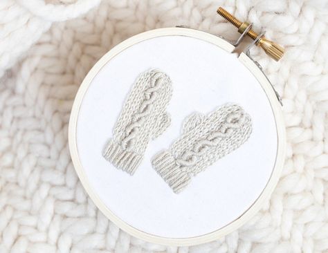 You Can Embroider These 3D Cable Knit Mittens! - KnitHacker Diy Embroidery Kit Gift Ideas, Embroidery Mittens, Mittens Embroidery, Cable Knit Mittens, Mitten Ornaments, Digital Embroidery Patterns, Basic Stitches, Diy Embroidery Kit, Cable Knit Hat