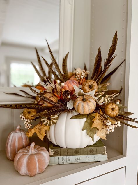 DIY Fall Pumpkin Vase - Cozy Faux Pumpkin Carving Idea - Liz Marie Blog Fall Craft Fairs, Thanksgiving Flowers, Pumpkin Vase, Liz Marie, Liz Marie Blog, Pumpkin Flower, Faux Pumpkins, Fall Arrangements, Fall Thanksgiving Decor