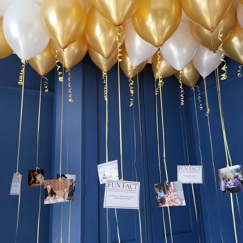 Fun Facts Balloon Decorations - Party Ideas by a Pro Balloon With Pictures Hanging, 70th Party Decorations, 70th Birthday Balloon Ideas, Pictures On Balloons, Pictures Hanging From Balloons, Balloons With Pictures Attached, Balloons With Photos, Floating Pictures, Birthday Balloon Ideas