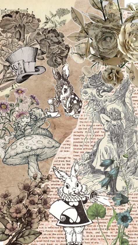 Collage of flowers and wonderland character in a book background Bunny Alice In Wonderland, Alice In Wonderland Collage, Alice In Wonderland Wallpaper, Wonderland Wallpaper, Alice In Wonderland Book, Flower Collage, Collage Art, Alice In Wonderland, Candle Holders