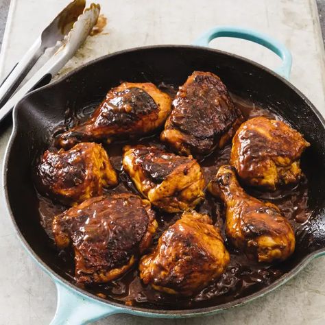 Cast Iron Indoor Barbecued Chicken | America's Test Kitchen Dynamite Chicken, Chocolate Chicken, Milk Chicken, Chicken Entree, Barbecued Chicken, Spicy Chocolate, Mexican Sauce, Chicken Skillet Recipes, Skillet Dishes