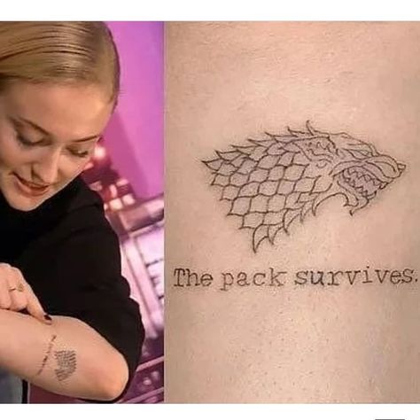 Image may contain: one or more people Writing Forearm Tattoo, Dragon Tattoo Wrist, Sophie Turner Tattoo, Typewriter Tattoo, Show Tattoo, Game Of Thrones Merchandise, Game Of Thrones Tattoo, Small Dragon Tattoos, Ned Stark